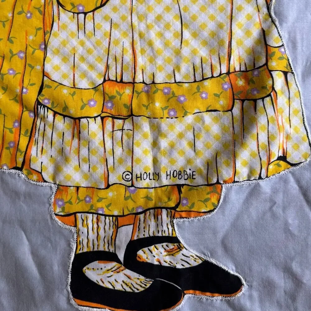 Vintage Yellow Holly Hobbie Applique on Blanket 32x41 Cottage Core Girls Room